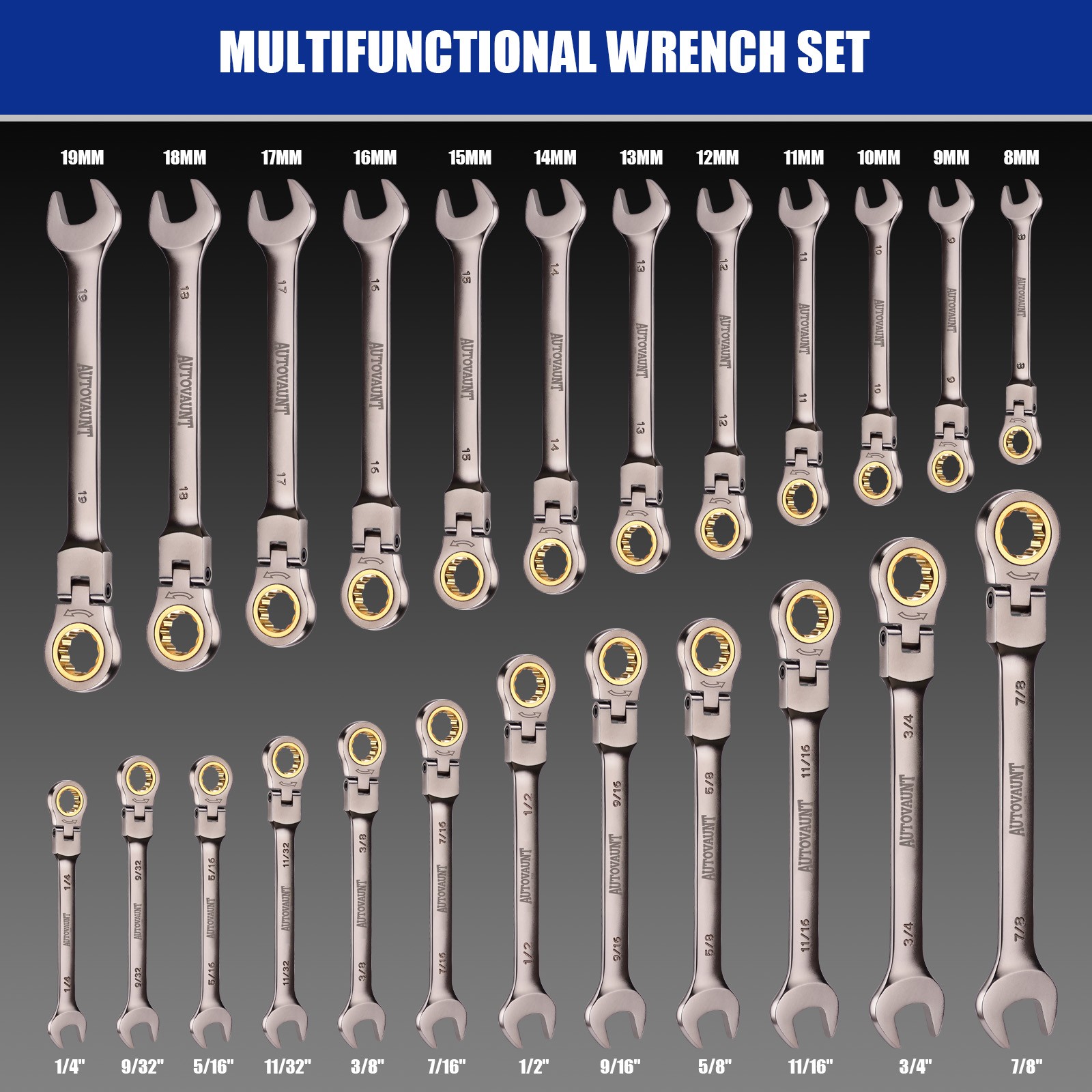 24PC Flexible Ratchet Wrench Combination Set SAE Metric Open & Ring Spanner CR-V