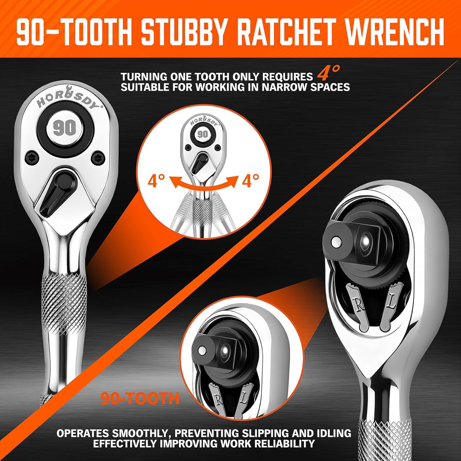 3 Piece Stubby Ratchet Handle Set 90 Tooth Chrome Drive Small Socket Wrench