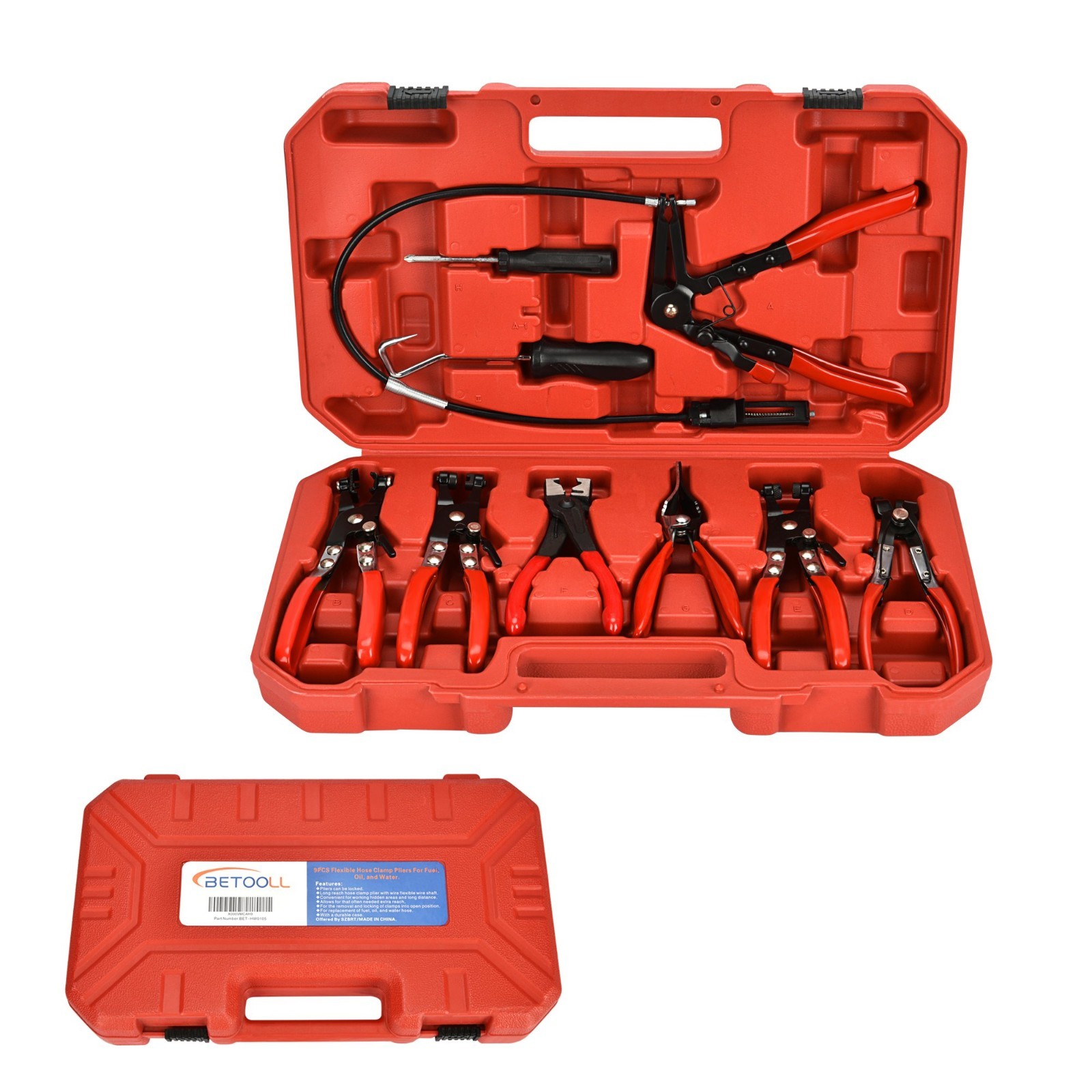 9pc Hose Clamp Pliers Set, Flexible Long Reach Automotive Tools, Clic R Type & F