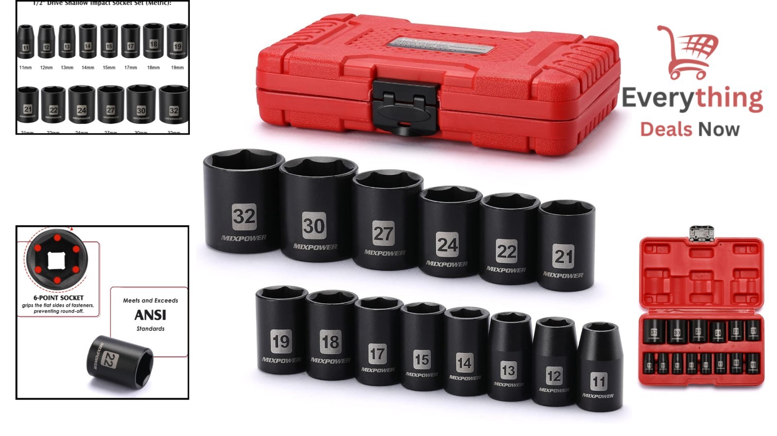 14-Piece 1/2″ Drive Shallow Impact Socket Set Metric 6-Pt CR-V 11mm-32mm Tools