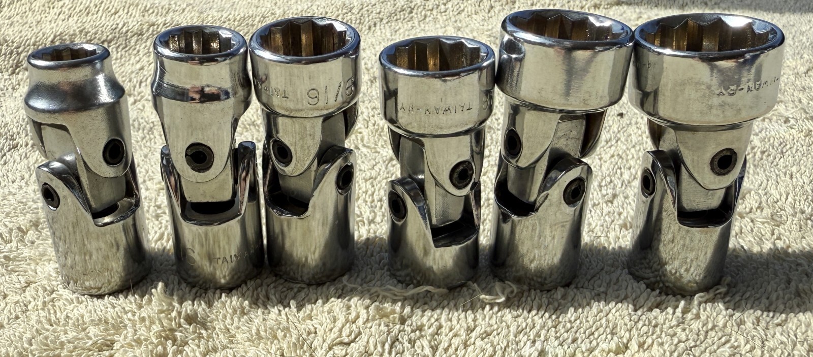 VINTAGE 6 PIECE CONTINENTAL INTERNATIONAL 12 PT 3/8 IN DRIVE SWIVEL SOCKETS