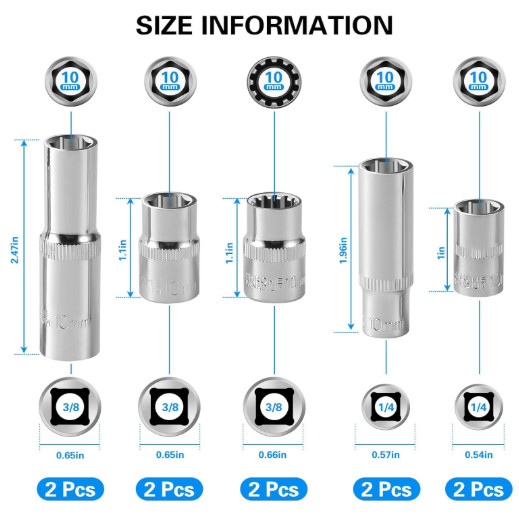 [10-Piece] 10mm Socket Set, 1/4-Inch & 3/8-Inch Drive Impact Socket, 6-Point…