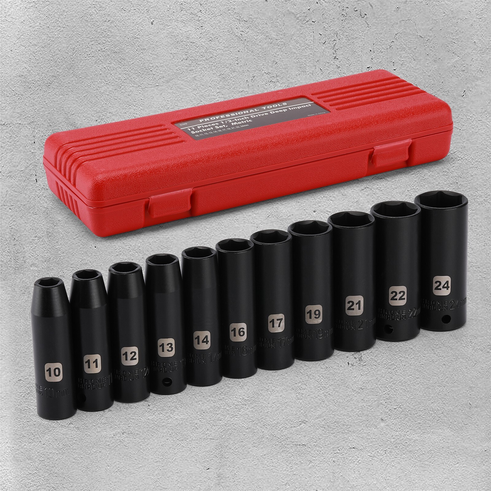 11 Pieces 1/2-Inch Drive Deep Metric Impact Socket Set, 6-Point, 10mm – 24mm