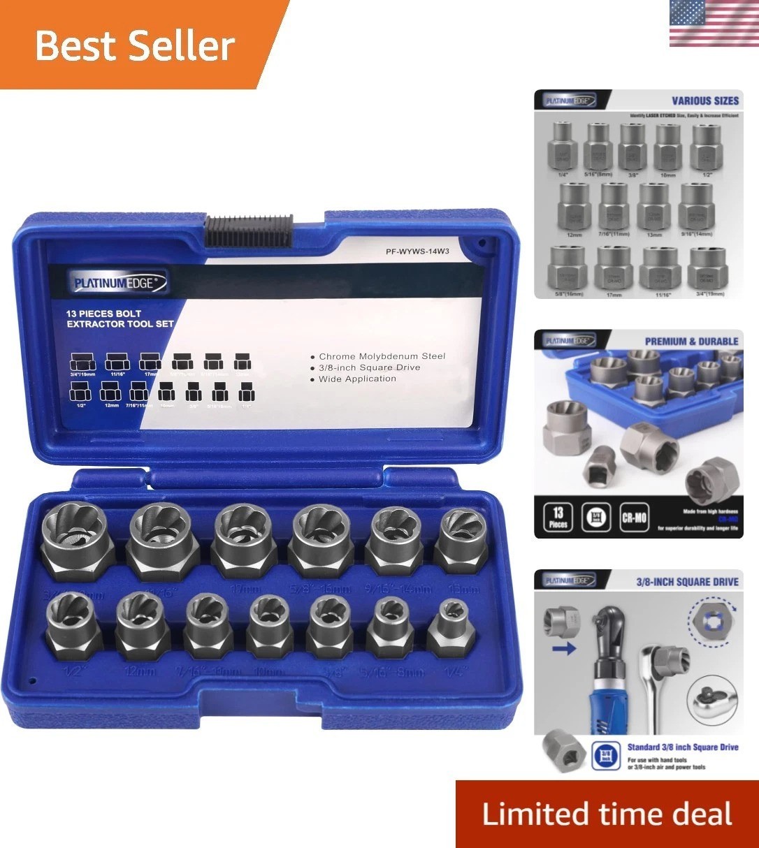 Durable 13-Piece Chrome Molybdenum Bolt & Nut Remover Set for Easy Extraction
