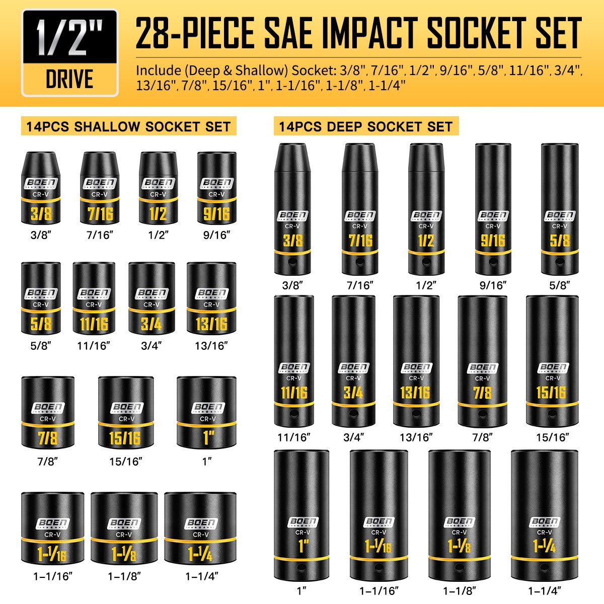 1/2″ Drive Impact Socket Set, 65-Pcs SAE (3/8″ to 1-1/4″) & Metric (10mm-24mm)