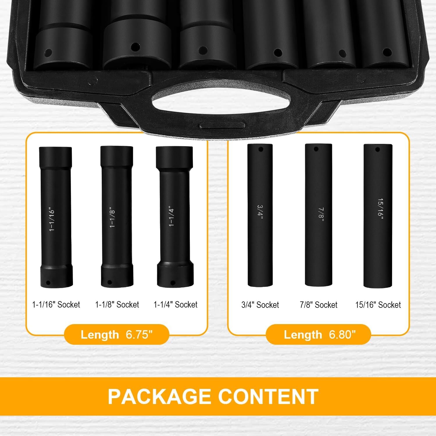 1/2 Inch Drive Extended Length Impact Socket Set 6 Sizes Heavy Duty with Case