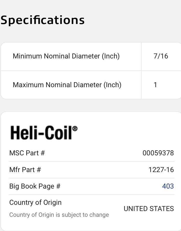 HELI-COIL 7/16″ to 1″ Nominal Diam Thread Insert Extracting Tool 1227-16 Tanged