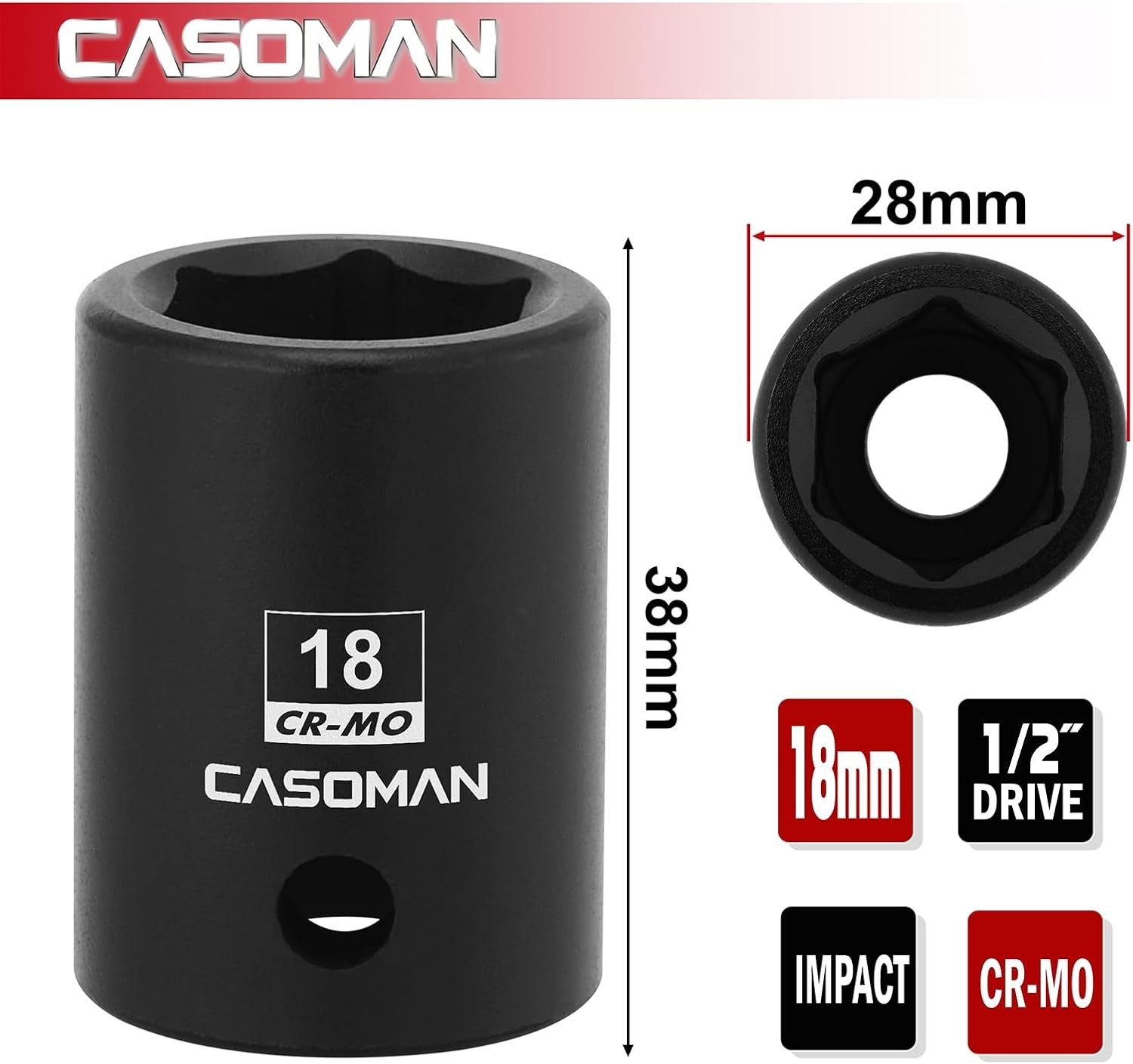 Chrome Molybdenum 1/2″ Drive 18mm Impact Socket with Laser-Etched Markings