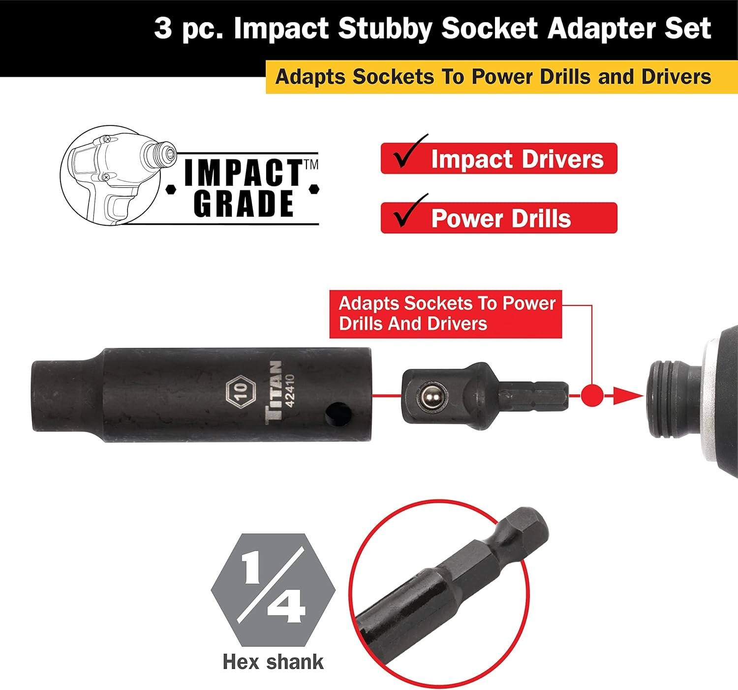 Professional Stubby Impact Socket Adapter Set – 1/4, 3/8, & 1/2-Inch Drives