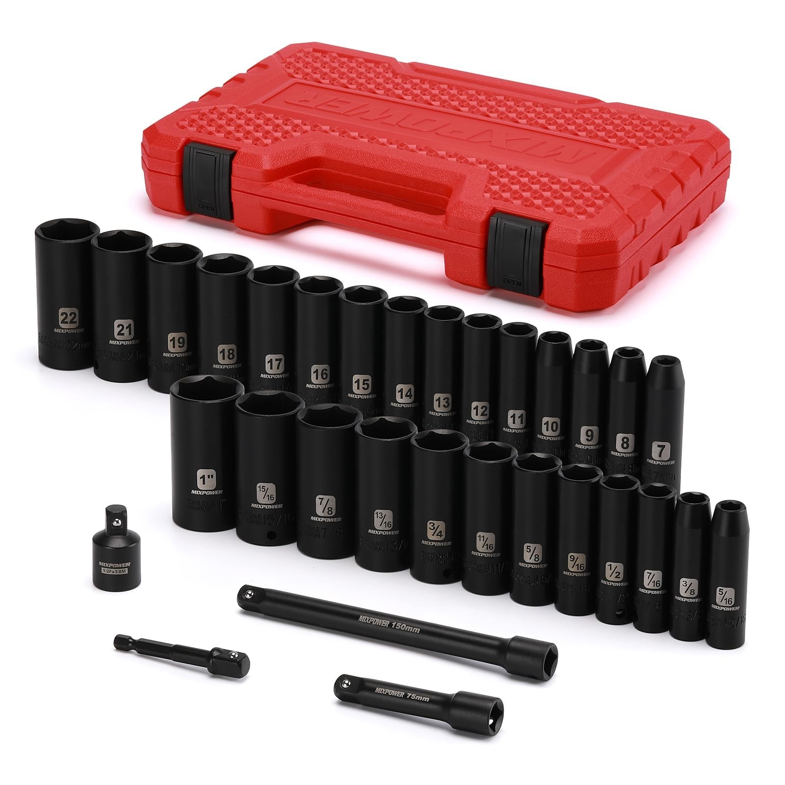 31-Piece 3/8″ Drive Deep Impact Socket Set, 6 Point SAE & Metric, Cr-V Steel