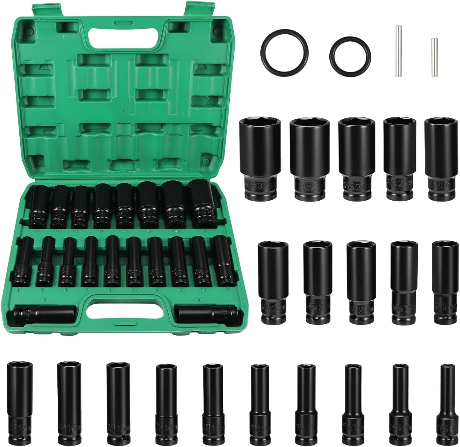 20Pcs Heavy Duty Deep Impact Socket Set 1/2 Inch Drive 6 Point Metric 8mm-32mm