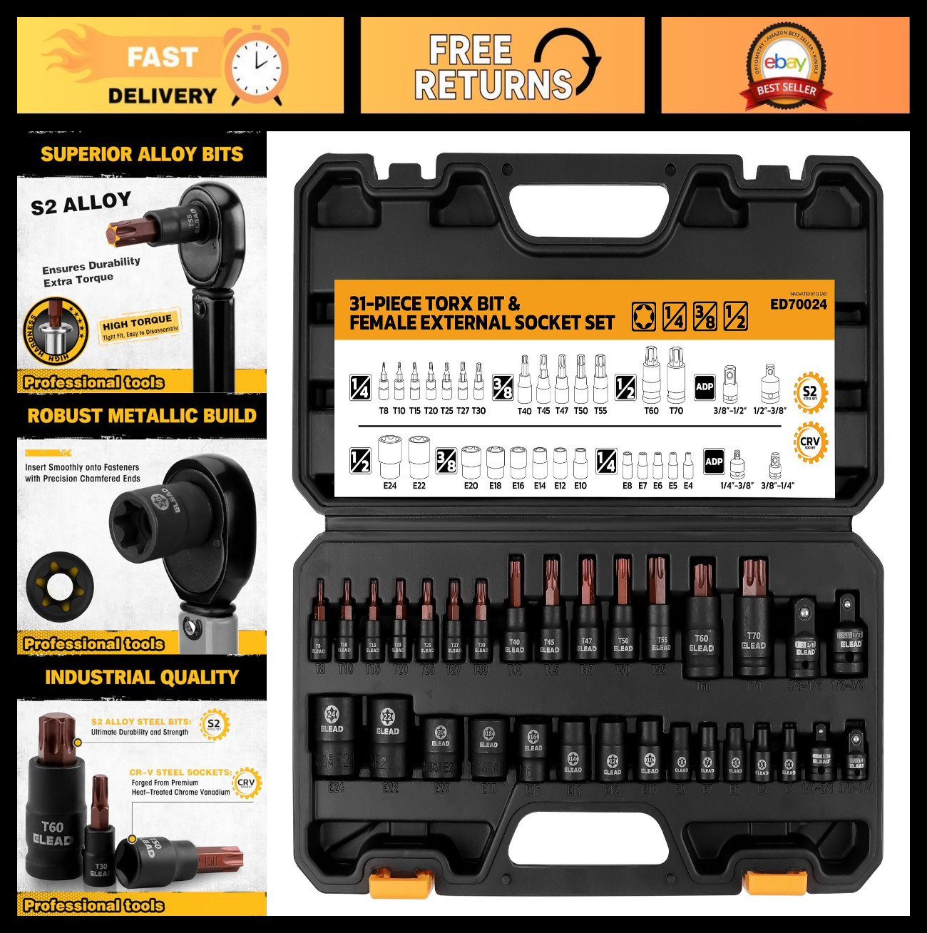 31-Piece Torx Bit Socket Set, T8-T70 & E4-E24, CR-V & S2 Steel, High Torque, Aut