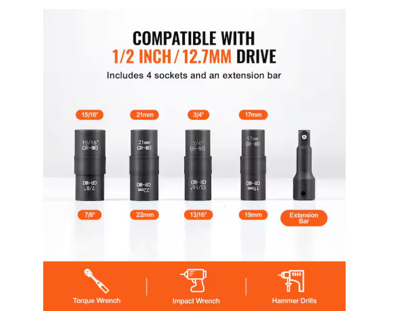 Lug Nut Impact Socket Set, 1/2 In. Drive Metric and SAE 6-Point Flip Socket Set,