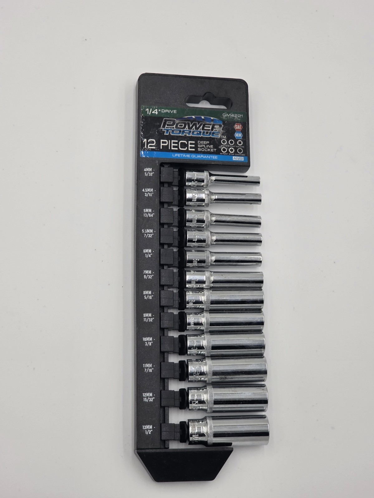 Power Torque GM4221 12pc 1/4″ Drive Deep Spline Socket Set MM SAE Mechanic Tools