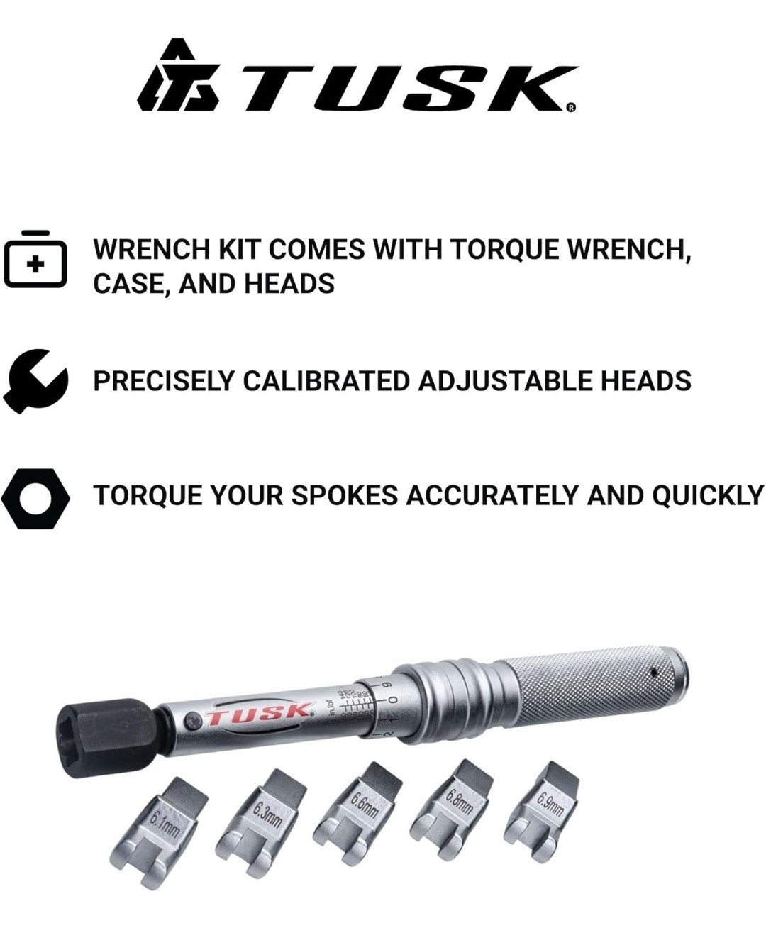 TUSK Spoke Torque Wrench Kit Adjustable 30–150 in‑lb+ 5 Drop‑Forged Heads
