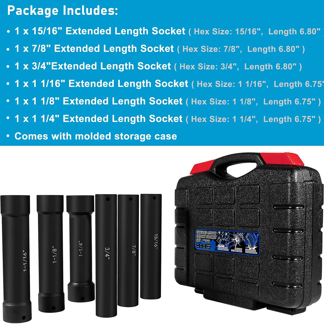 1/2» Drive Heavy Duty Extended Length Extra-Deep Length Impact Socket Set 6PCS