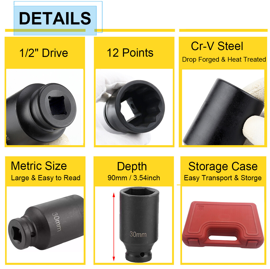4pcs 1/2″ Drive Deep Impact Socket Set Axle Hub Nut 12-Point Metric CR-V 30-36mm
