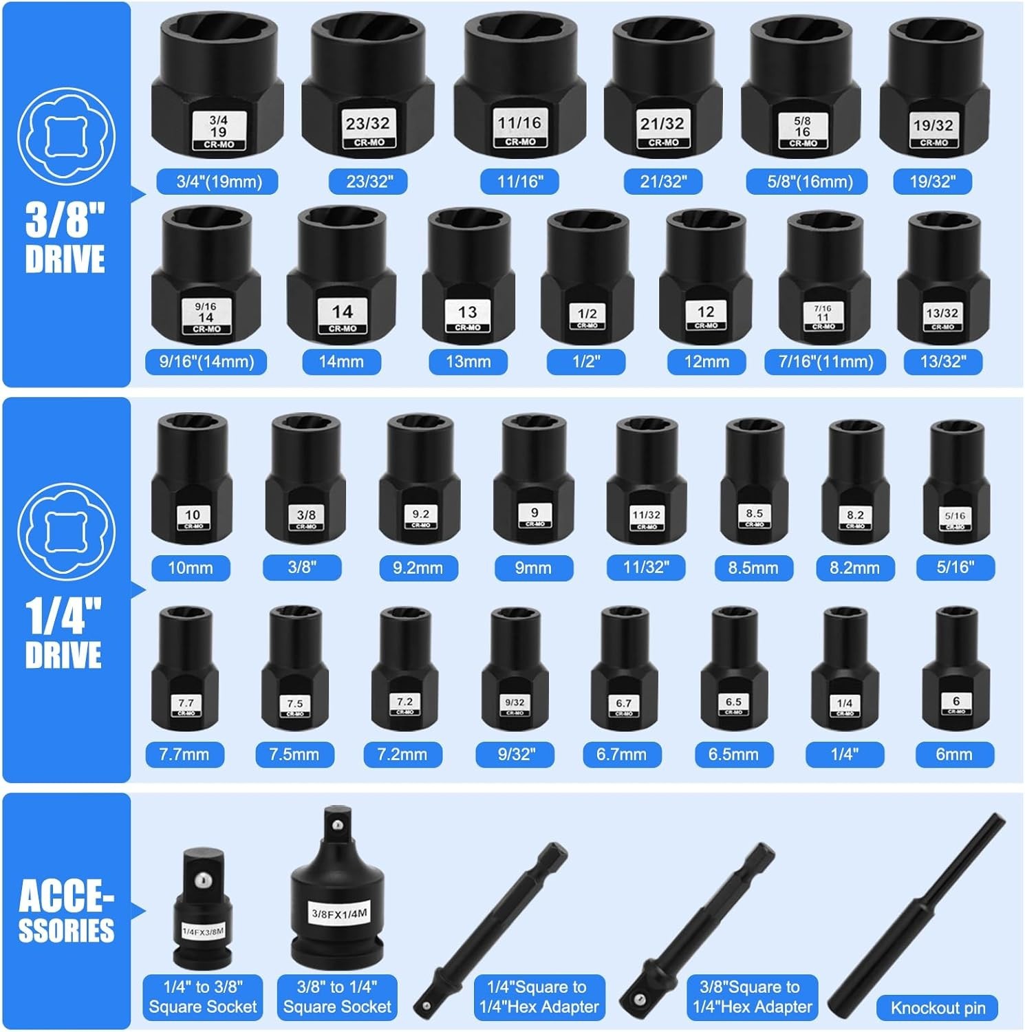 34-Piece 1/4″&3/8″ Drive CR-MO Bolt Extractor Set for Damaged Rusted Bolts Nuts