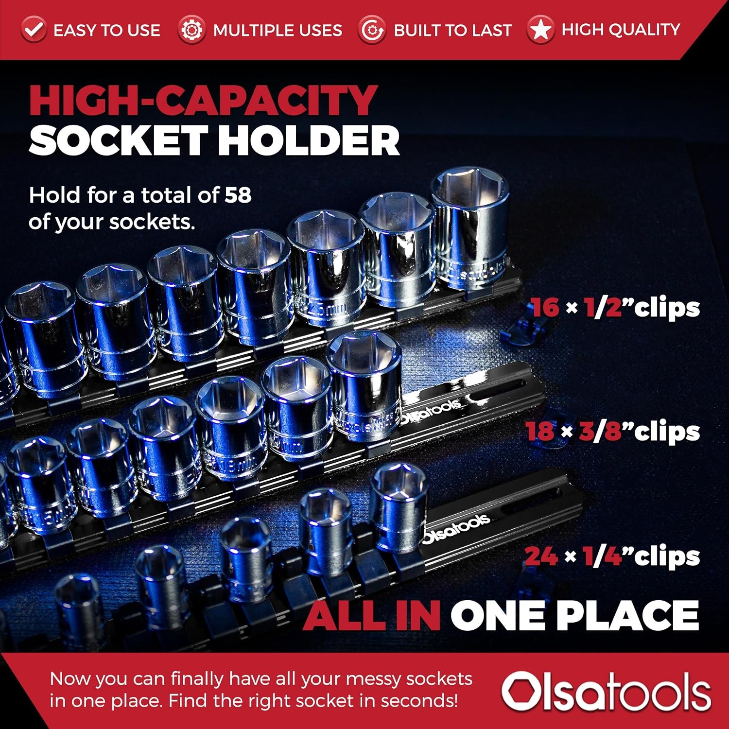 Aluminum Socket Organizer 3pc Set – Locking End Caps – 1/4-Inch Drive x 24 Clips