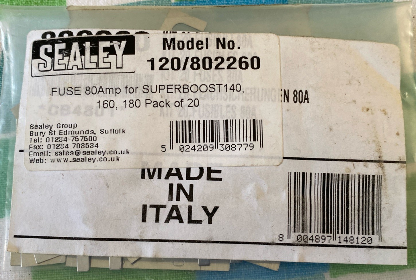 Sealey 120/802260 Fuse 80Amp For Superboost140 160 180 Pack Of 20 New Unused