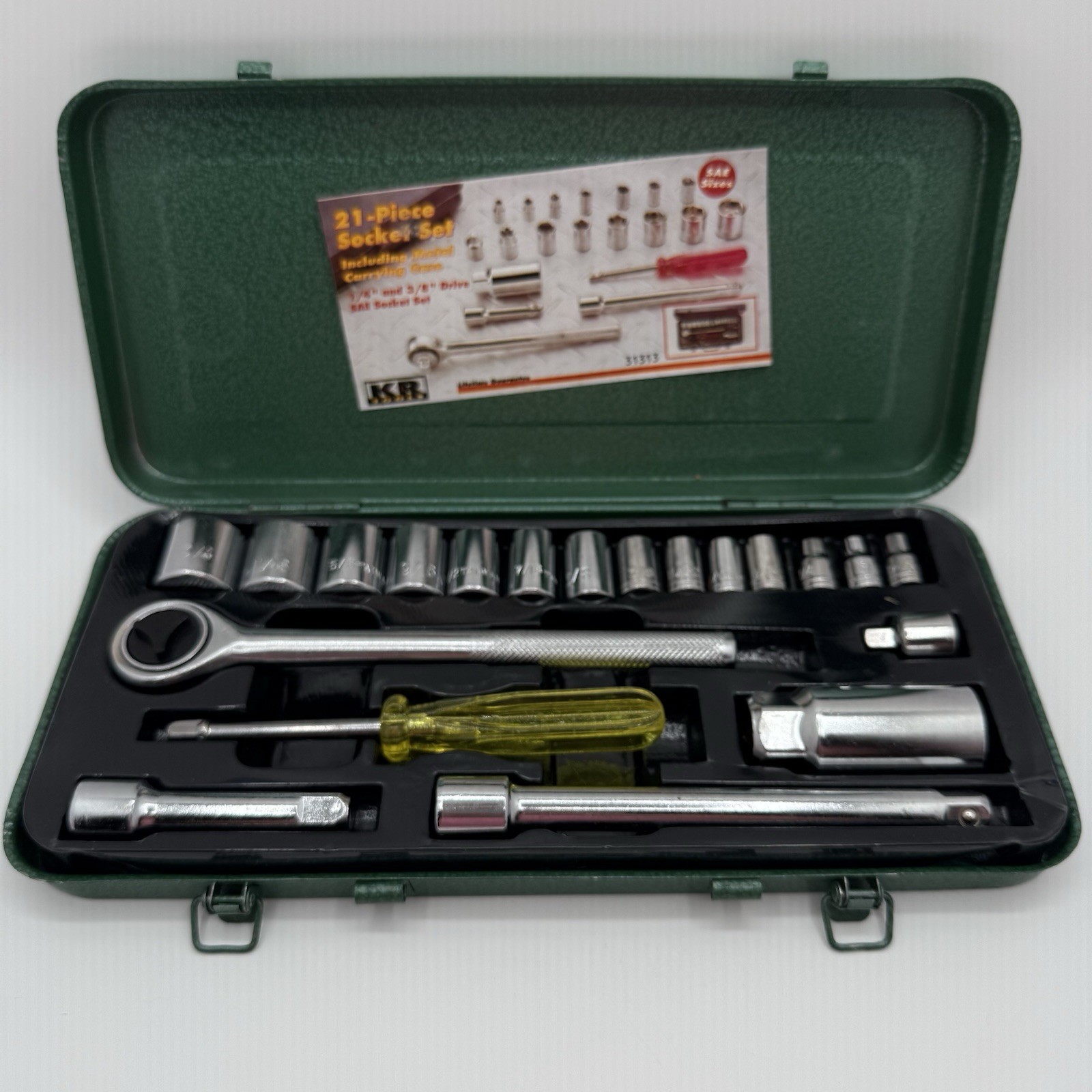 Vintage KR Tools 21-piece 1/4” 3/8″ SAE Socket Set with Green Metal Box