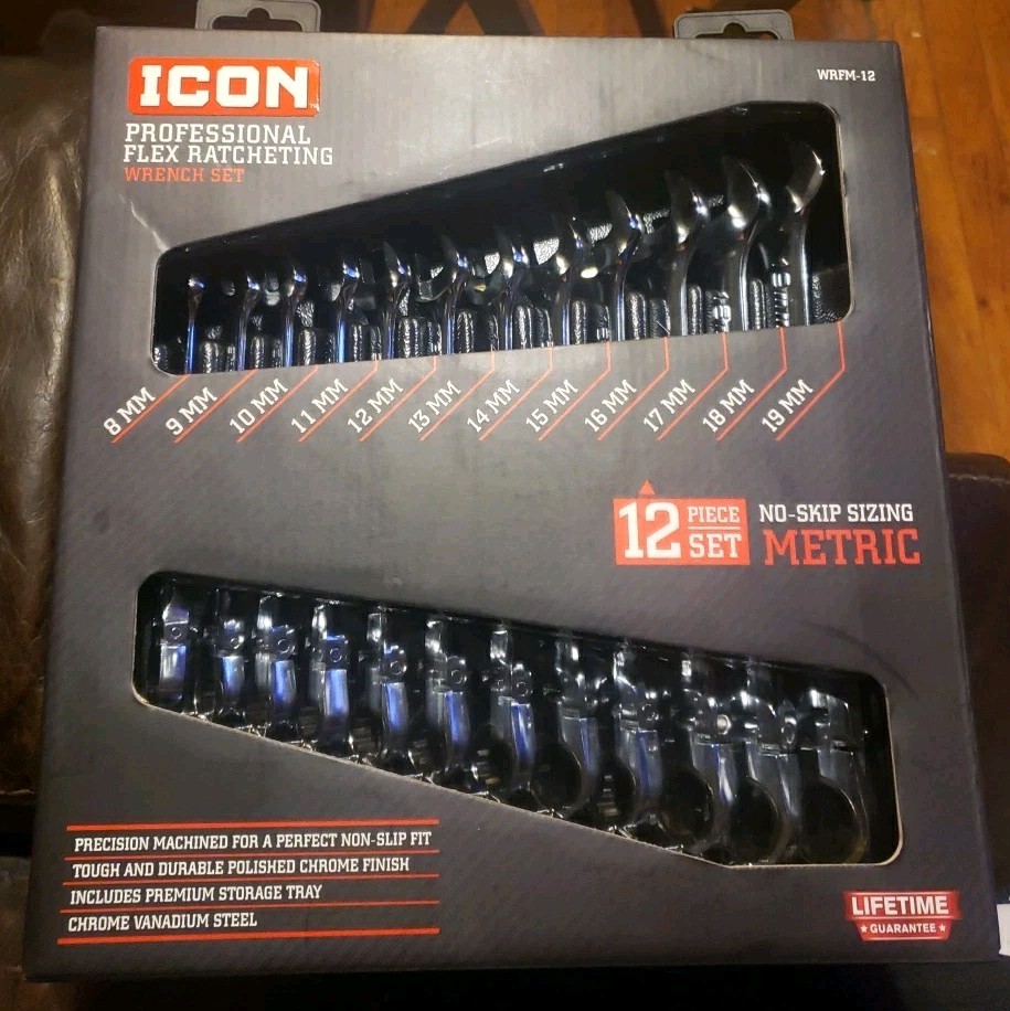 ICON Professional Flex-Head Ratcheting Combination Wrench 12-Pc 56427 WRFM-12