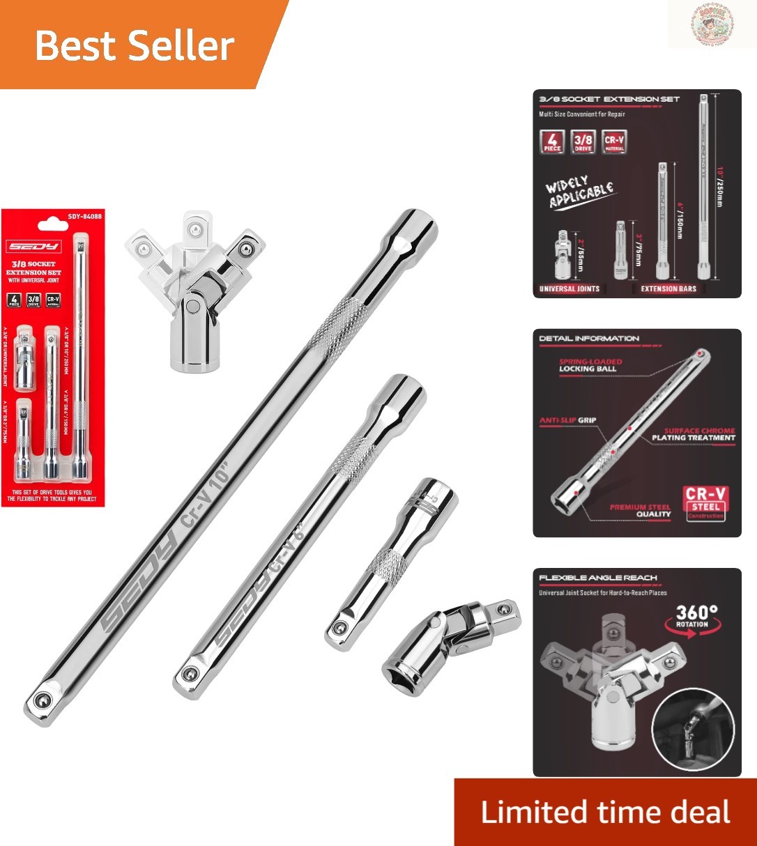 Durable 4-Piece Chrome Vanadium 3/8″ Drive Socket Extension Set – Anti-Slip Grip