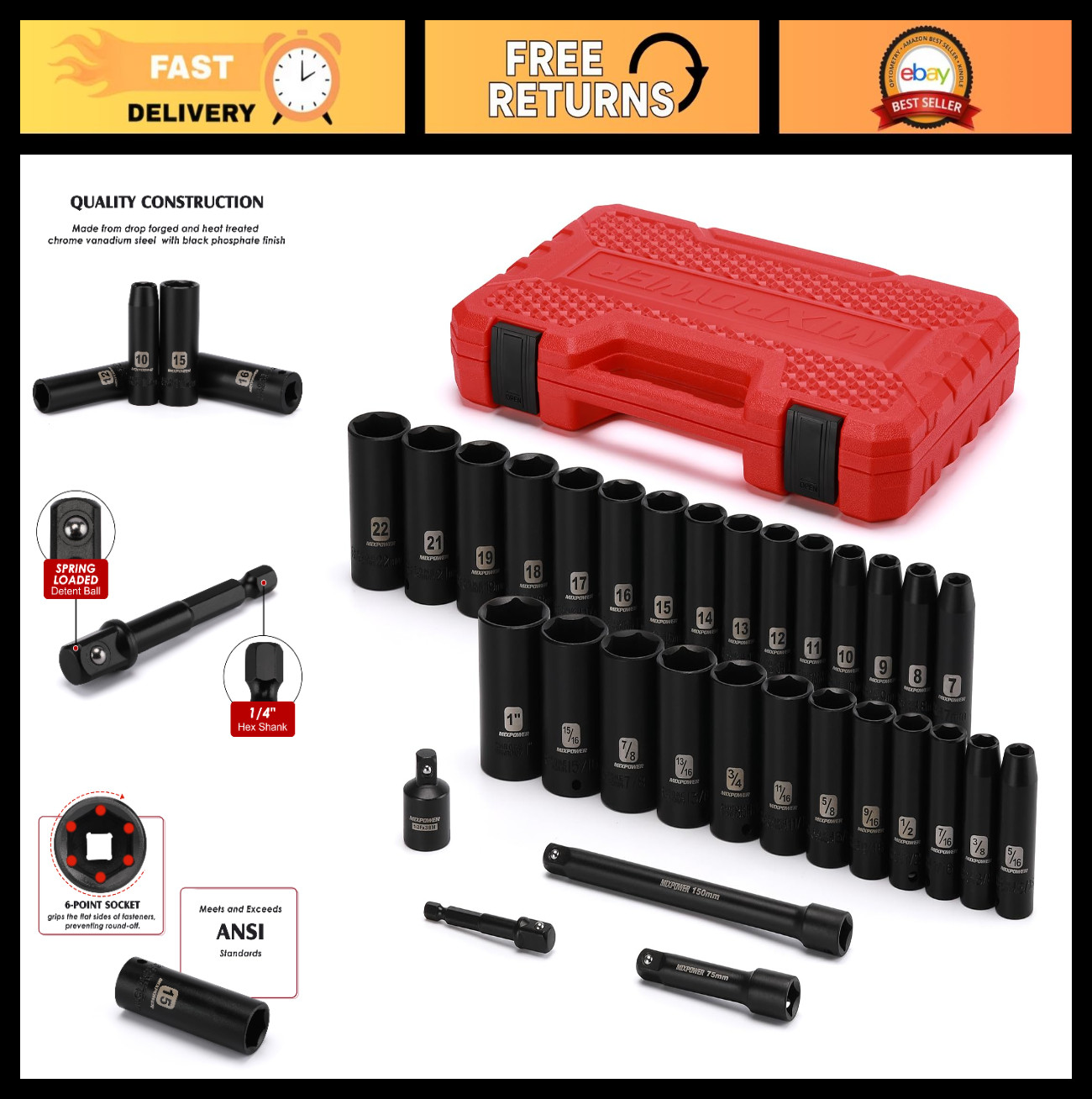 31-Piece 3/8″ Drive Deep Impact Socket Set, 6 Point SAE & Metric, Cr-V Steel