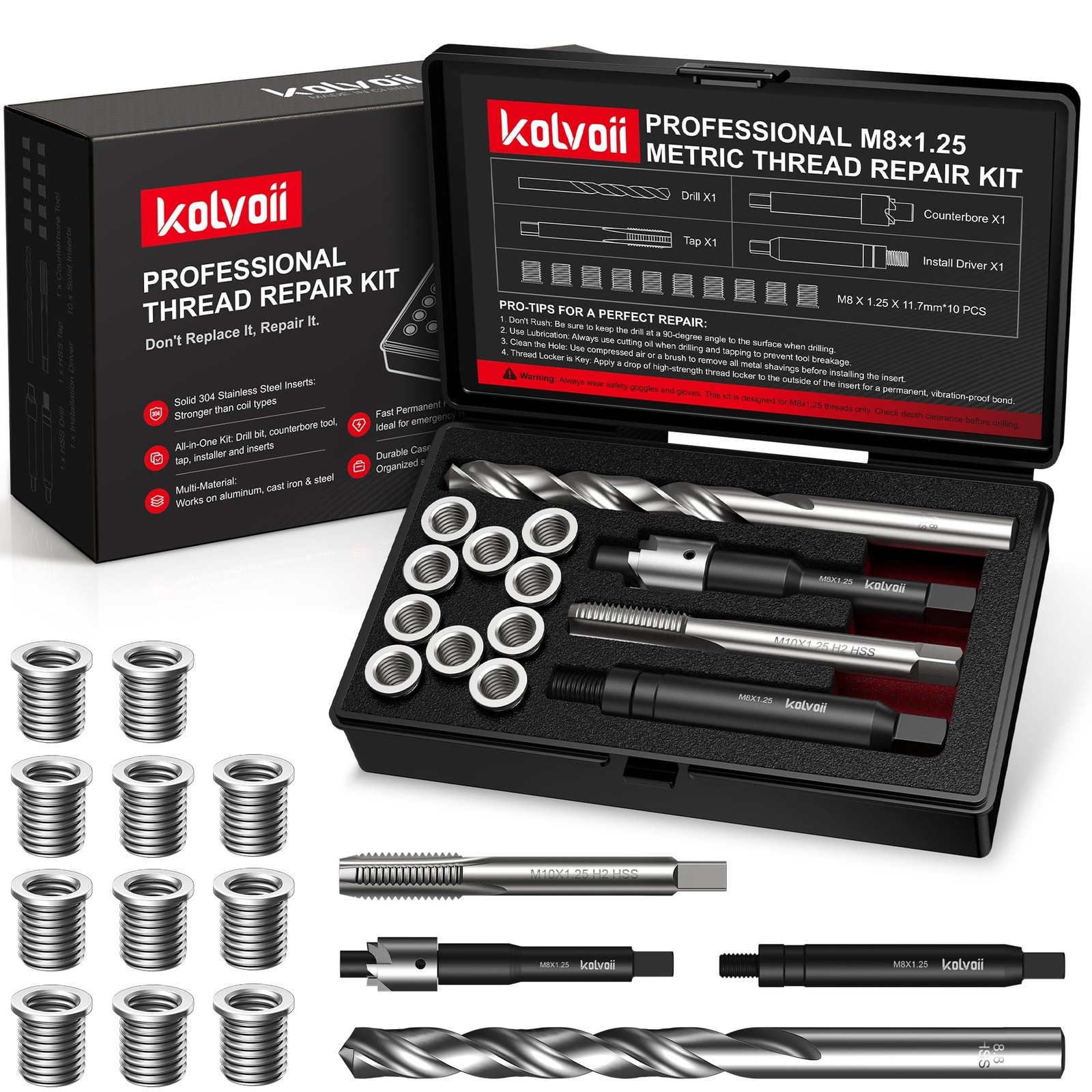 Kolvoii M8x1.25 Thread Repair Kit HSS Drill Bit 304 SS Insert 11.7mm Tool Set