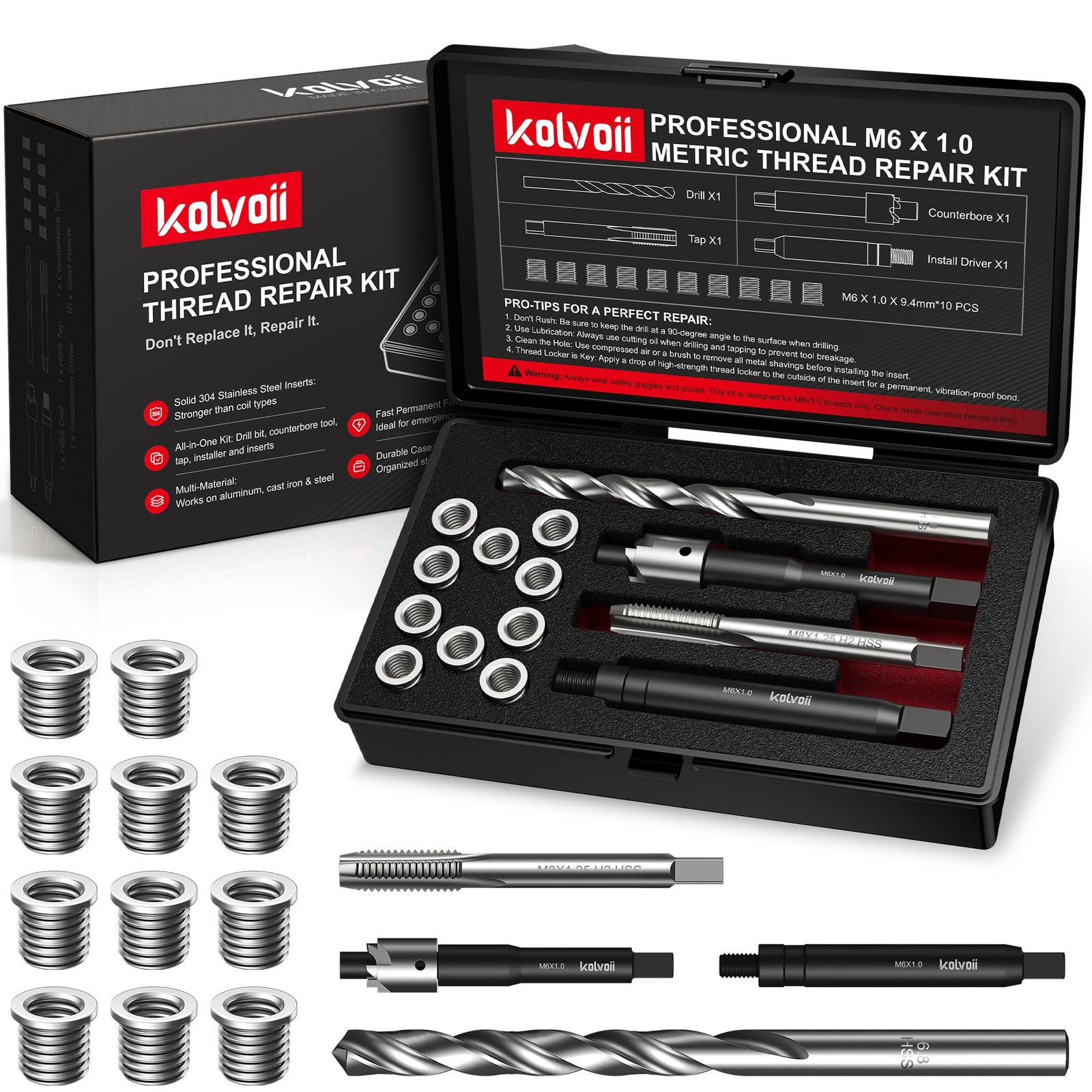 Kolvoii M6x1.0 Thread Repair Kit HSS Drill Bit 304 SS Insert 9.4mm Tool Set
