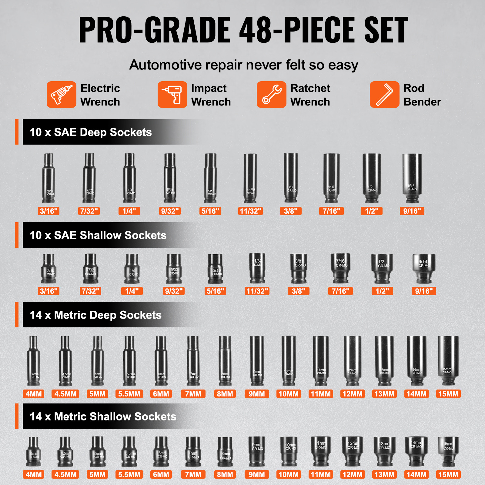 VEVOR Impact Sockets Set 48pcs 6-Point 1/4″ Drive Bit Ratchet Tool Kit Case