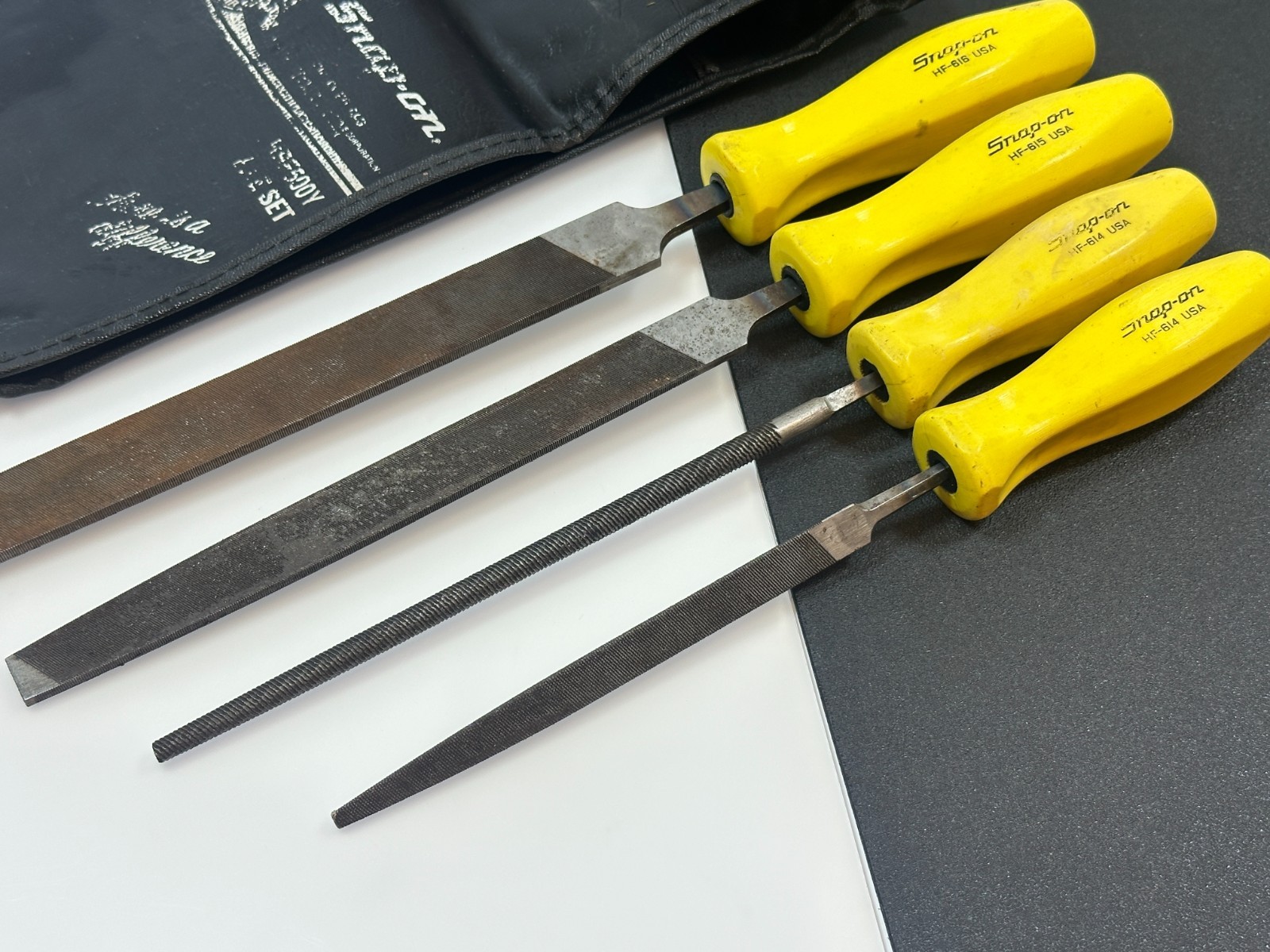 Snap-On Tools USA HBF500Y 4pc CLASSIC YELLOW Hard Handle File Set & Kit Bag RARE