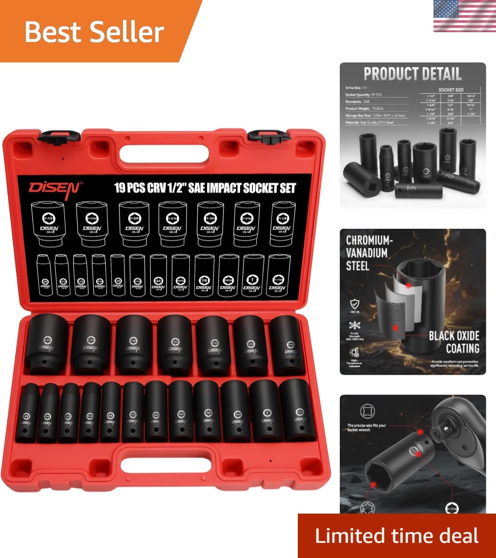 19 Pcs 1/2″ SAE Impact Socket Set, Deep Sockets 3/8″- 1-1/2″, 6-Point Cr-V & …
