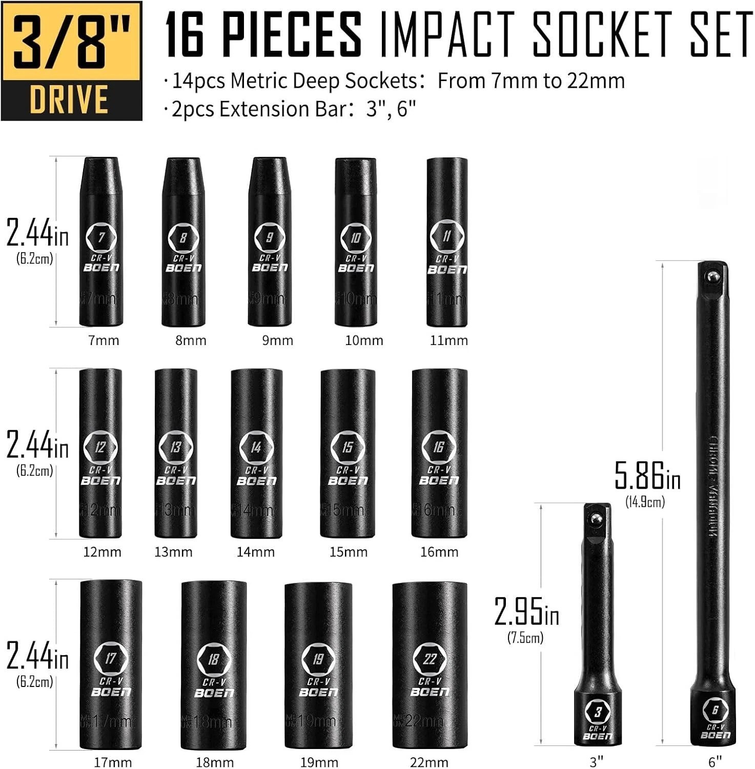 16-Piece Metric Impact Socket Set 7-22mm with Extensions in Heavy-Duty Case