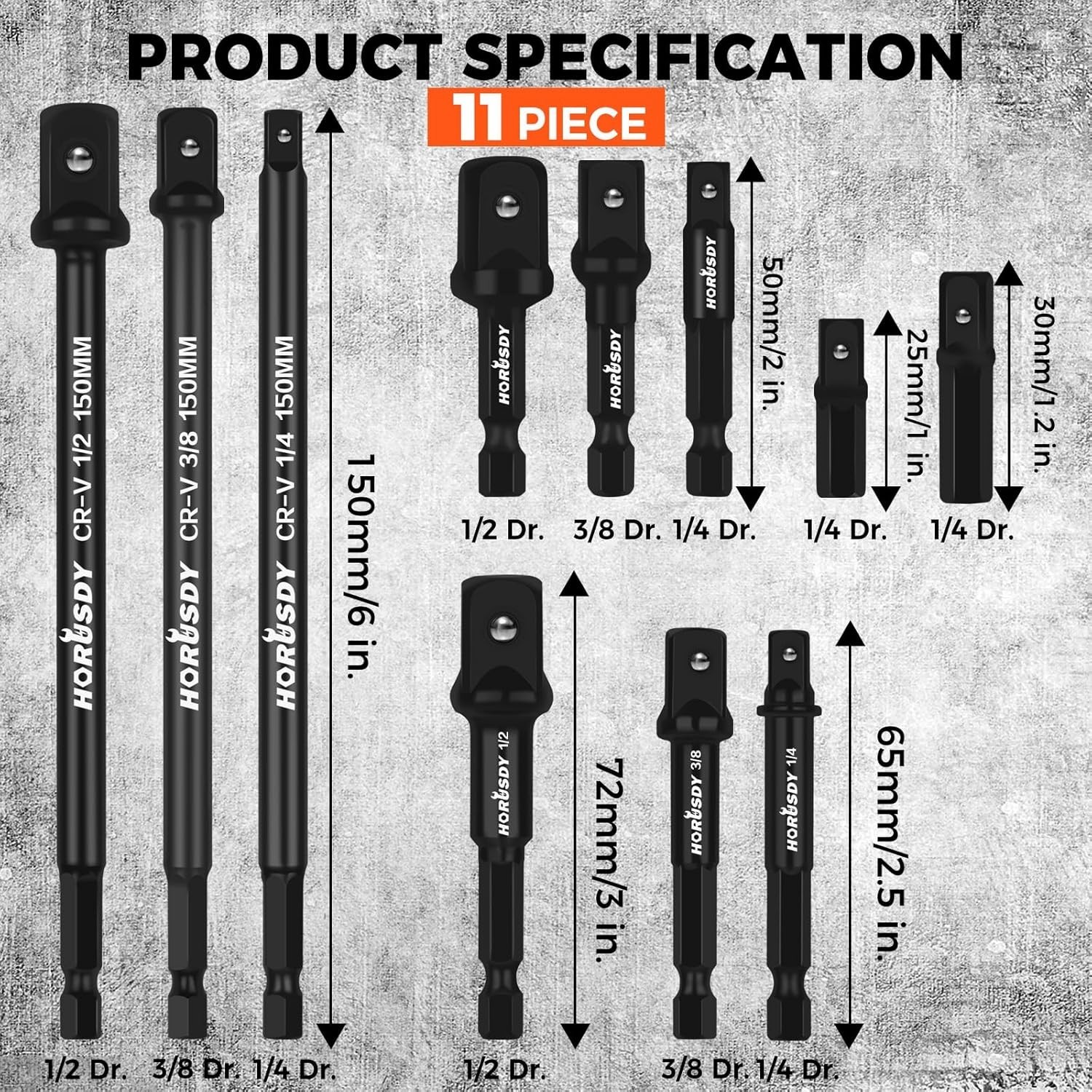 11-Piece Impact Socket Adapter Set 1/4, 3/8, 1/2-Inch Hex Shank Cr-V Steel