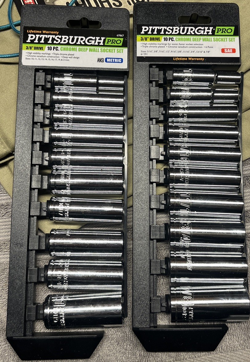 Pittsburgh Pro SAE & Metric 3/8 Drive Deep Well Socket Sets #61291 & 67867 NEW”