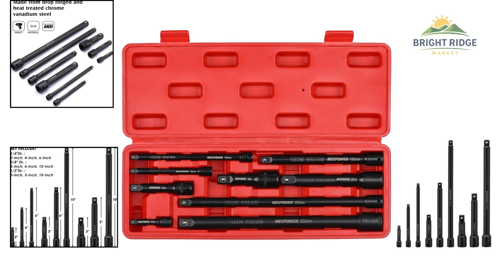 Durable Extension Bar Set for 1/4, 3/8, and 1/2 Drive with Locking System