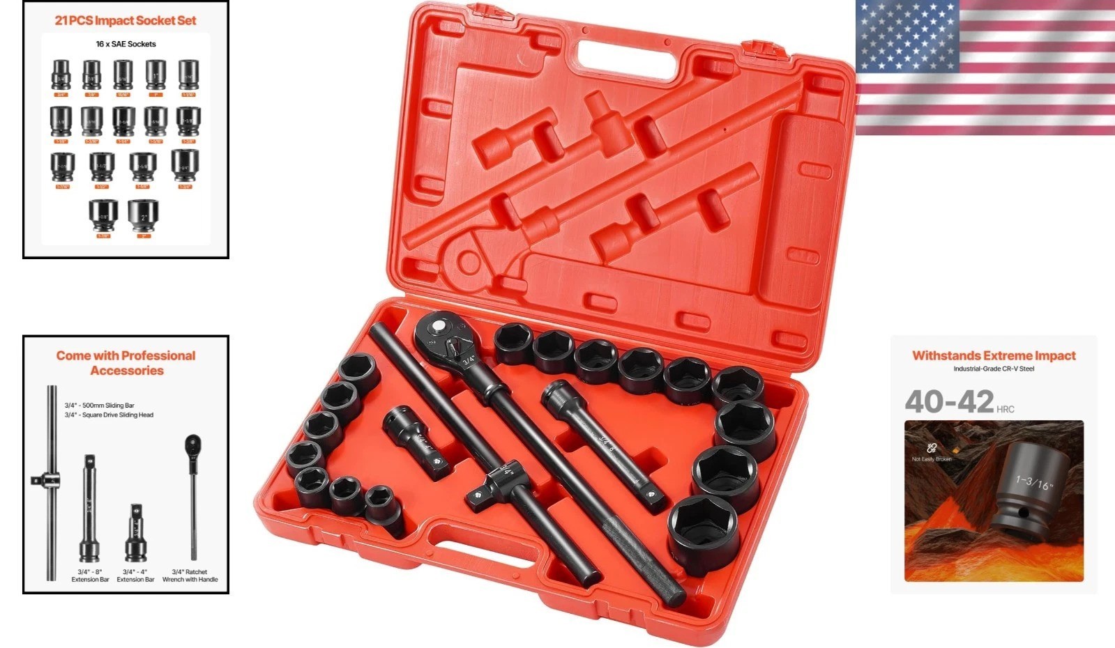 21pc 3/4″ Drive Impact Socket Set, SAE Alloy Steel, Heavy-Duty Truck Tool