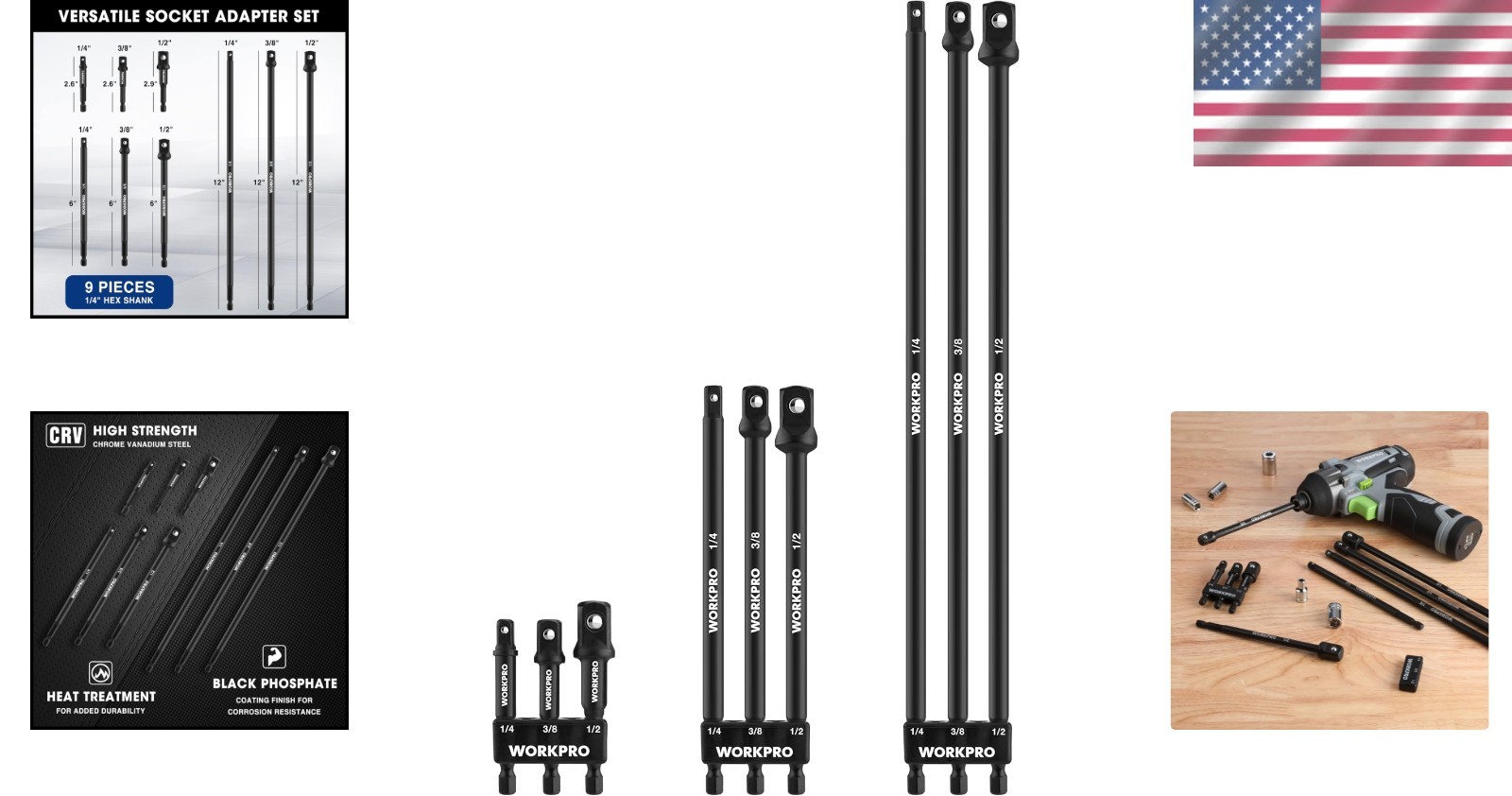 9-Piece Socket Extension Set – Compatible with 1/4-inch to 1/2-inch