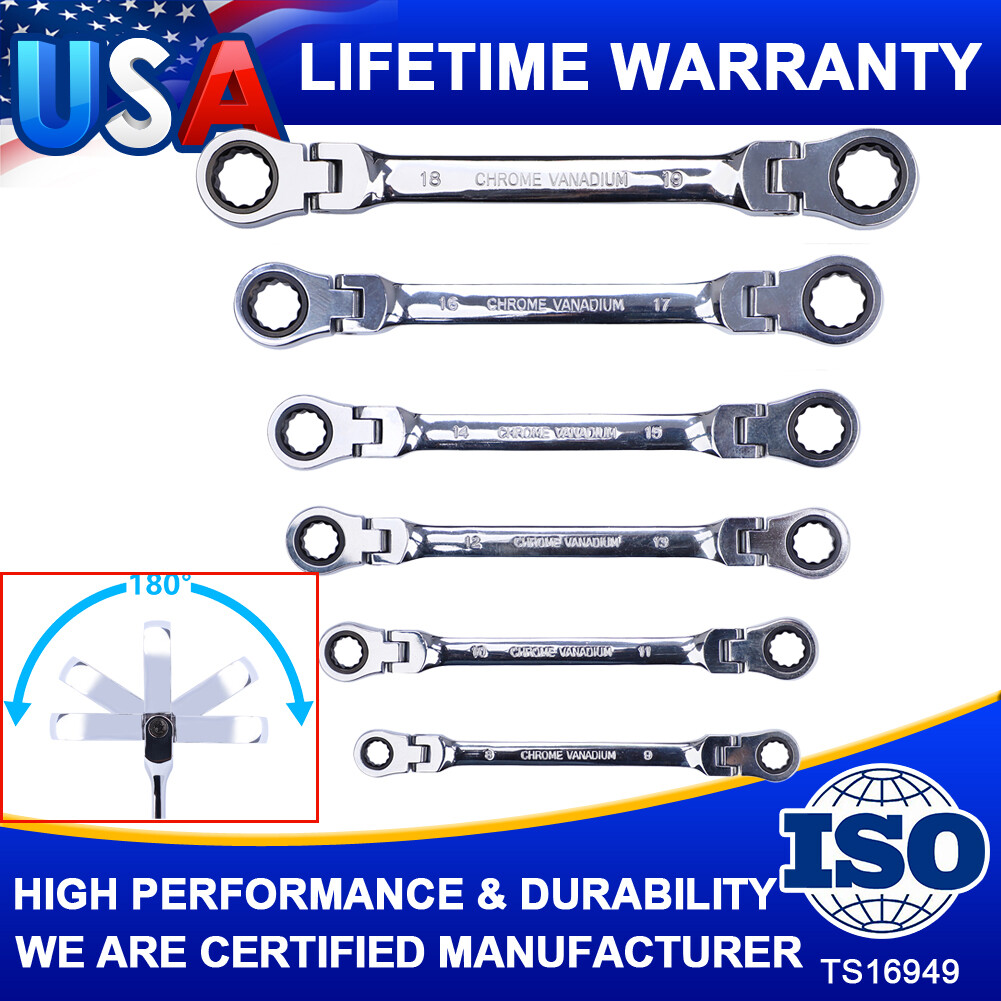 6pcs 8-19mm Metric Flex-Head Ratcheting Wrench Set Chrome Vanadium Steel Ratchet