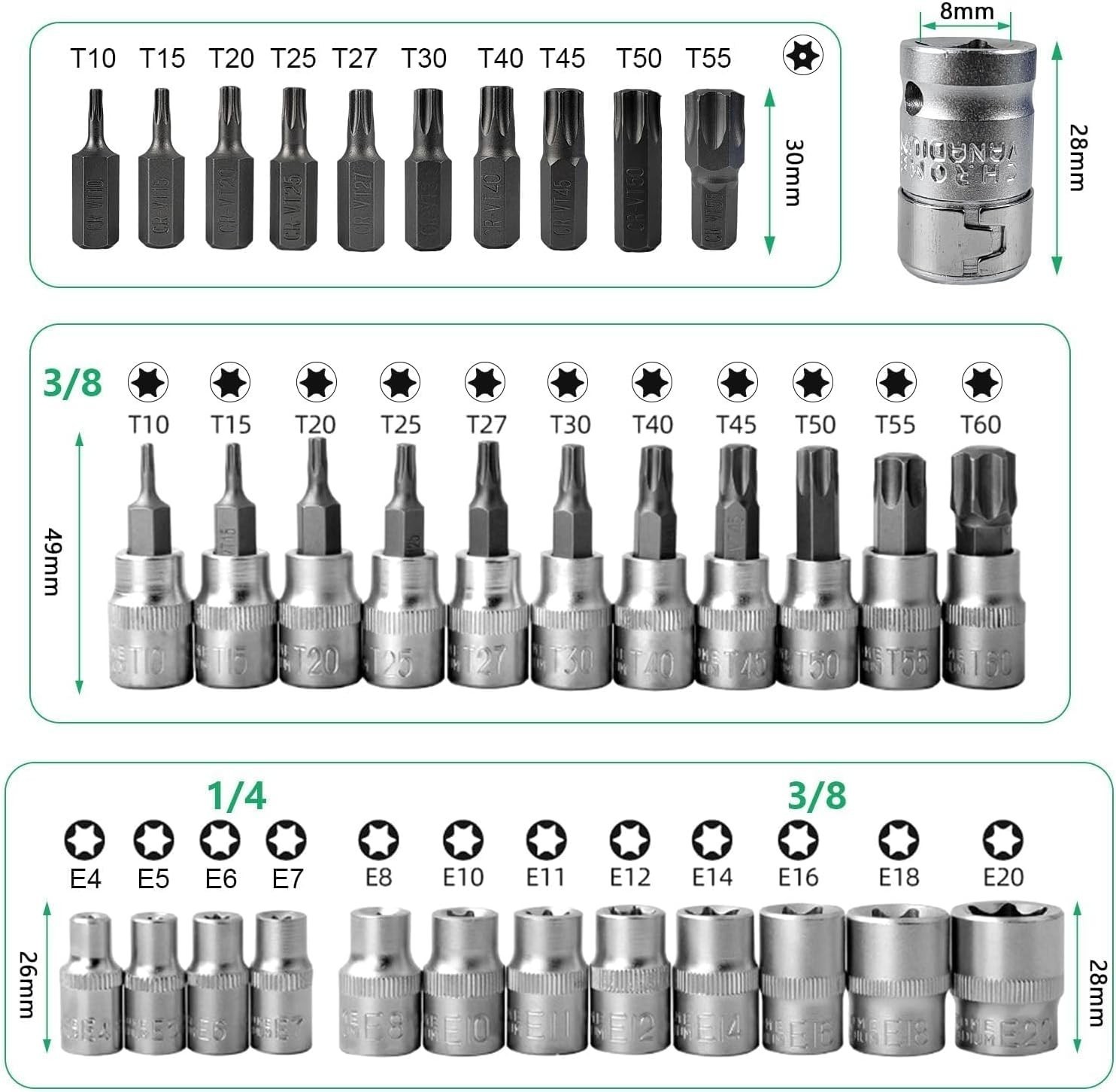 34pcs Torx Star Sockets & Bit Set for Male Female E-torx Security Bits 3/8 Drive