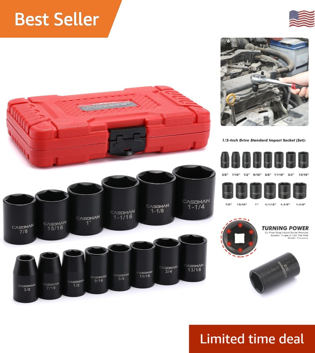 Durable 14-Piece 1/2-Inch Drive Impact Socket Set with Laser Etched Markings