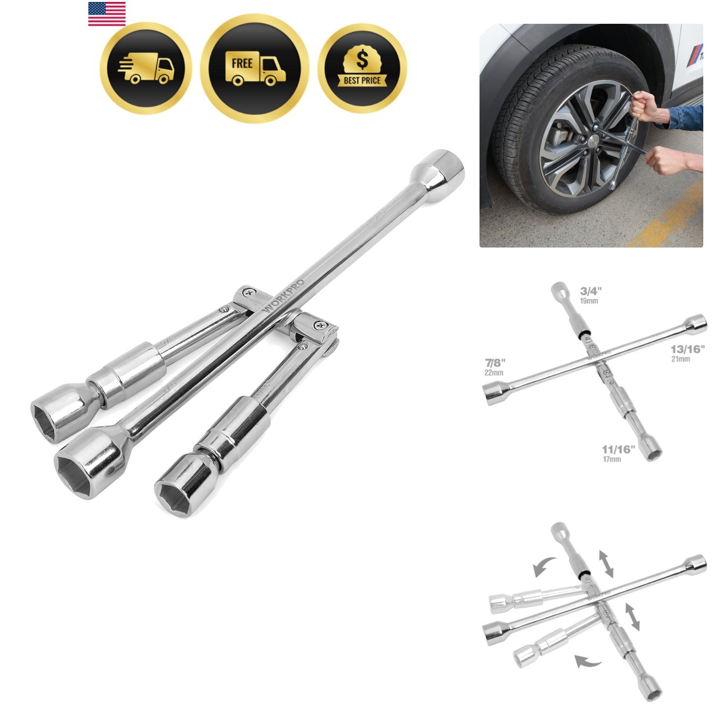 14-Inch Universal Folding Lug Wrench, 4-Way Cross Wrench