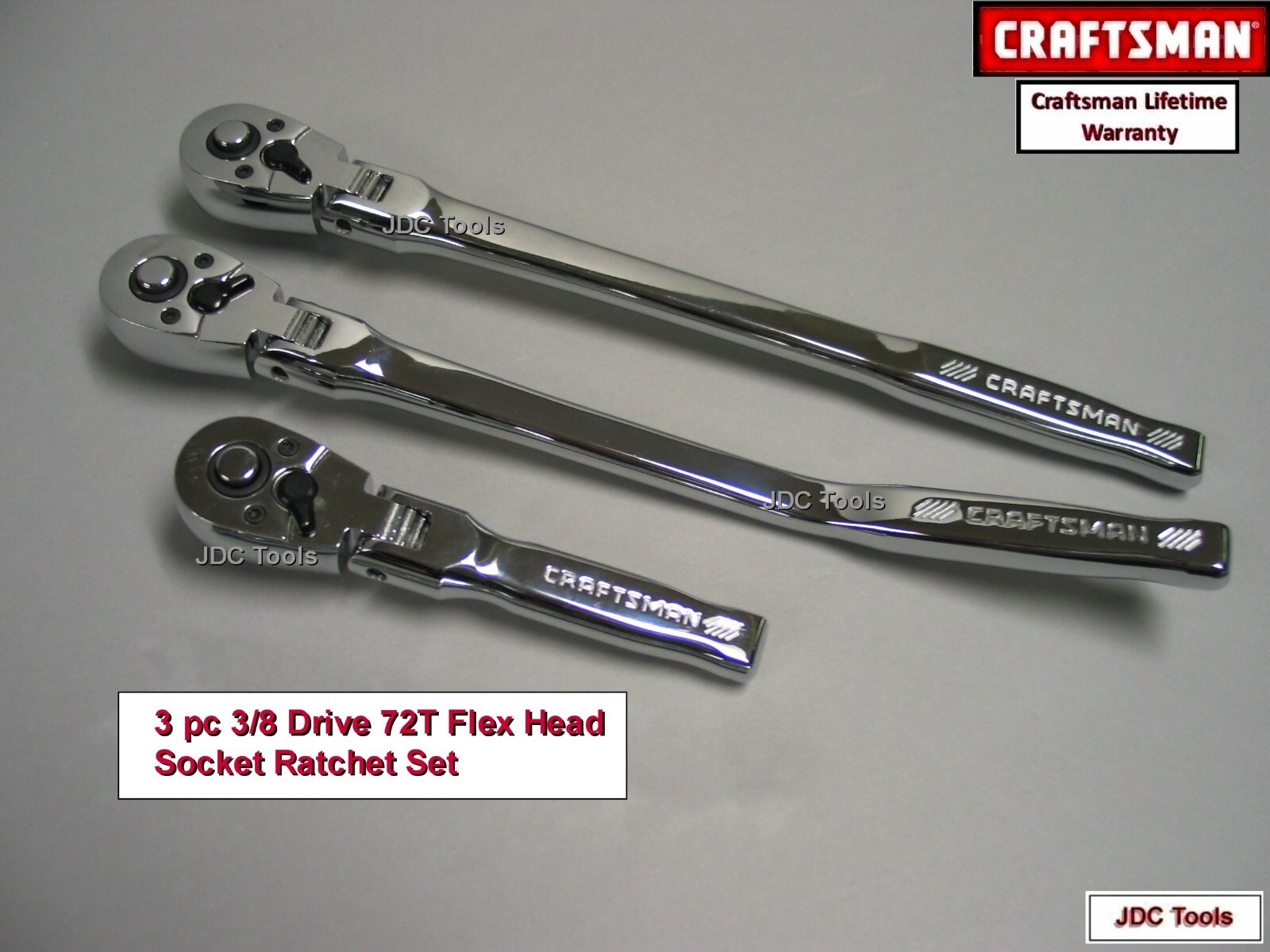 CRAFTSMAN 3 pc RATCHET SET 3/8 DRIVE ALL FLEX HEAD 72T – LONG – STUBBY – OFFSET
