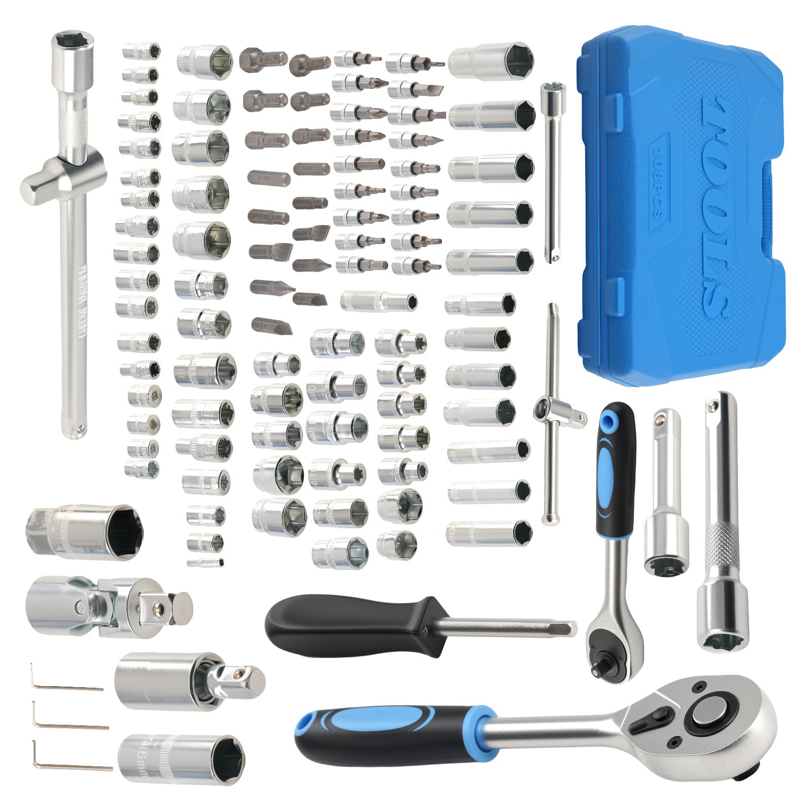 108PCS Mechanics Tool Set 1/2 1/4 Ratchet Socket Set CR-V Storage Case