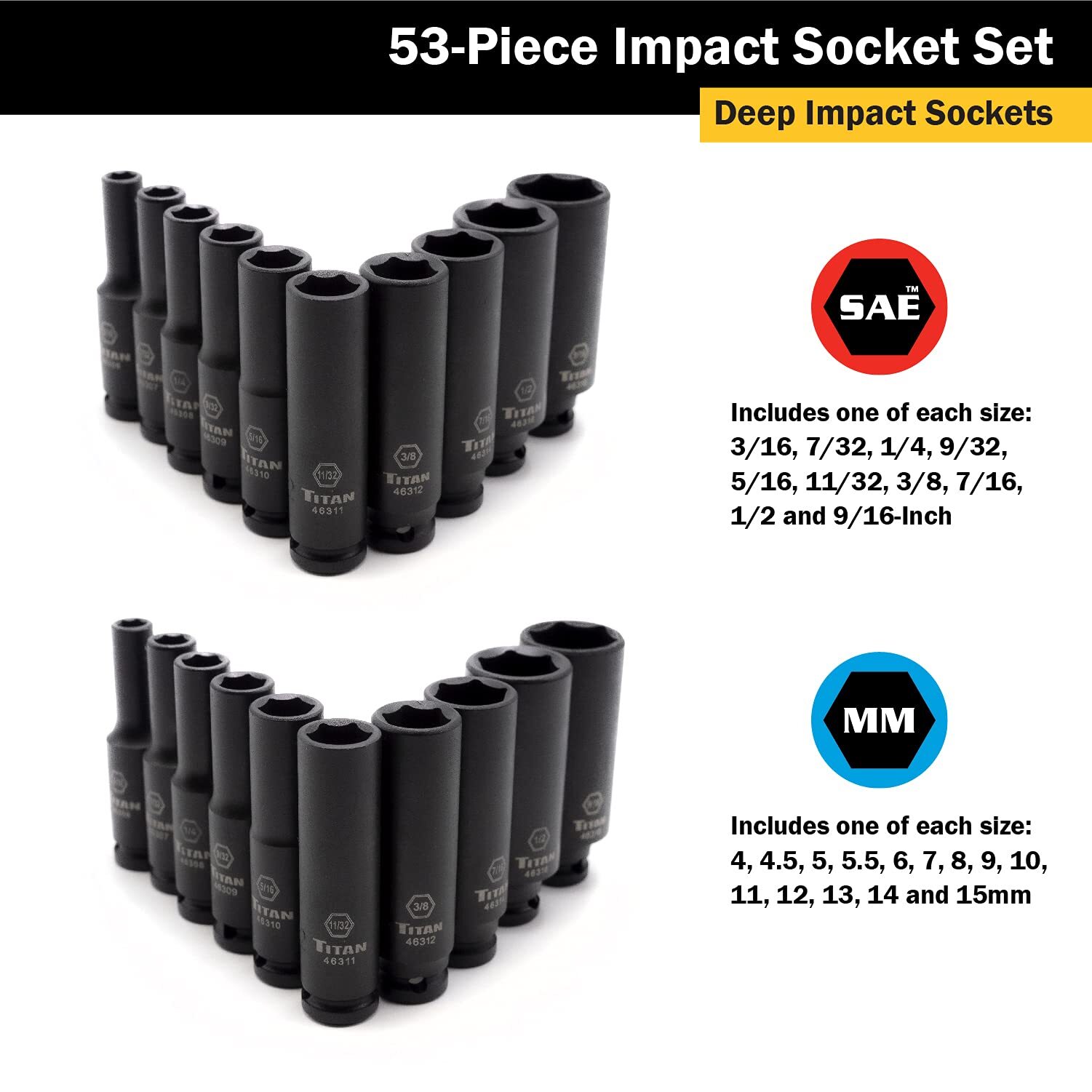 Titan Tools 53 pc. 1/4 in. Drive SAE and Combination Impact Socket Set (46053)