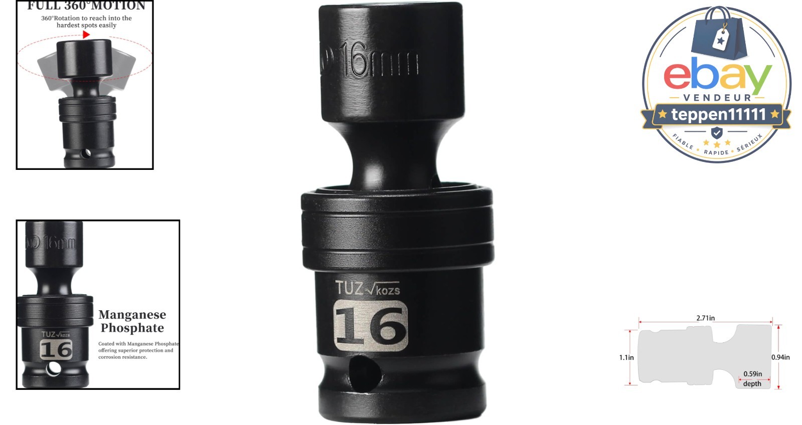 1/2″ Universal Joint Socket, 16mm, 6 Point, Chrome Molybdenum Steel