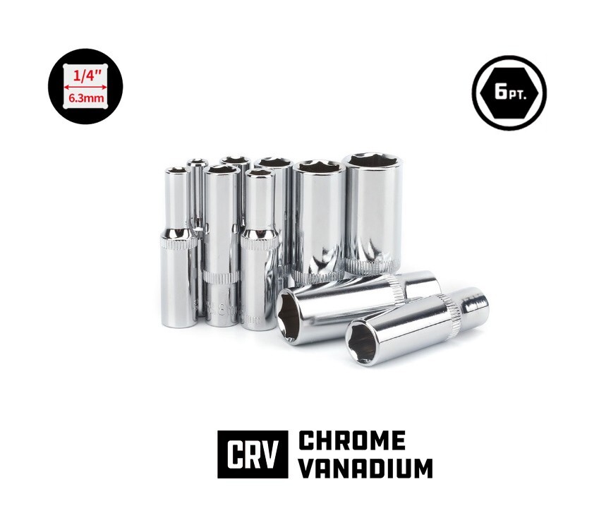 11pc Cr-V 1/4″ Dr 6pt 50mm Length Deep Socket Set: 4-5-6-7-8-9-10-11-12-13-14mm