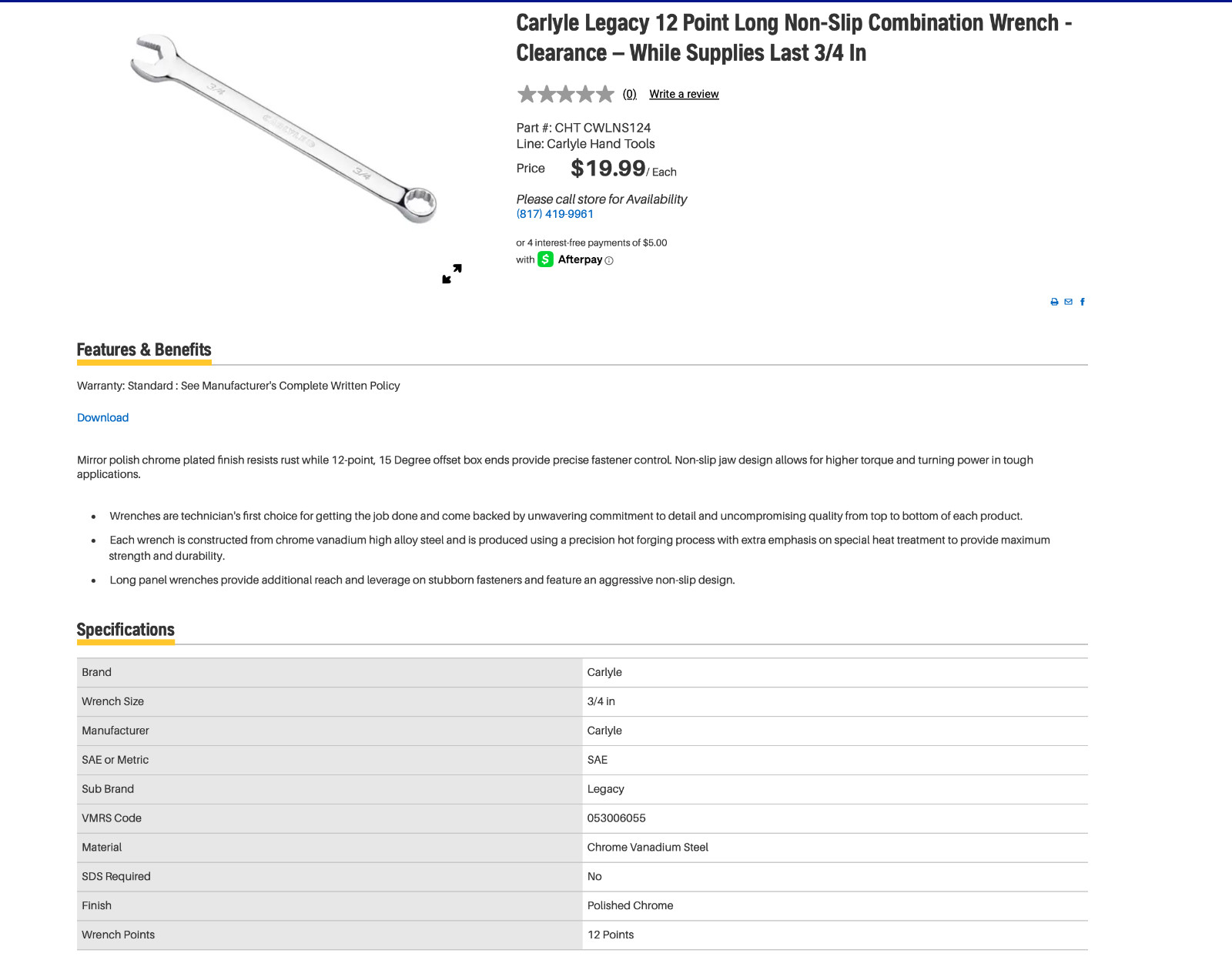 Carlyle 4 Pc Long SAE Combination Wrench Set 7/16 1/2 11/16 3/4 12 Point NEW!