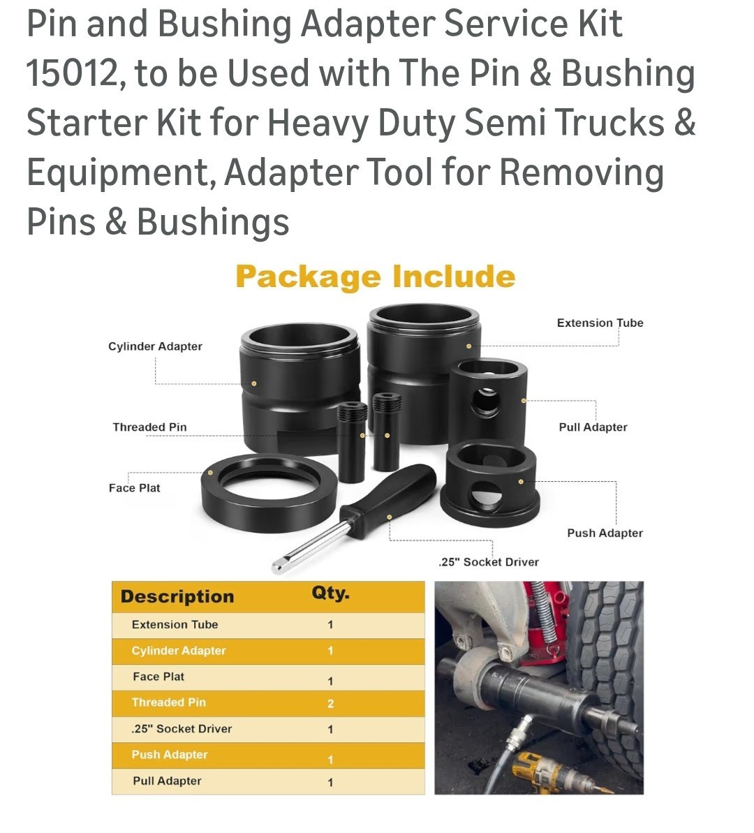 Pin and Bushing Adapter Service Kit 15012, to be Used with The Pin & Bushing